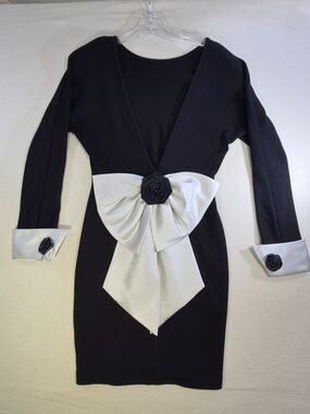 Andrea Jovine Black & White Bow-Front V-Neck Mini Dress
